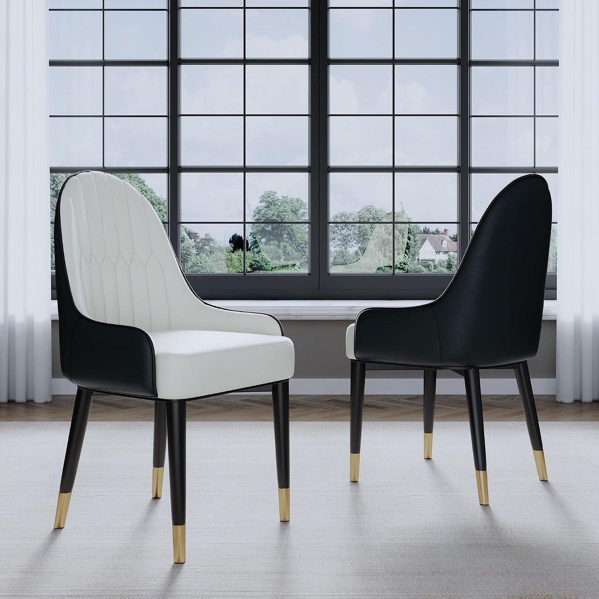 AF ARTISAN FURNITURE Black White Dining Chairs Set of 2 with High Backs Mid Century Modern Kitchen Dining Room Chairs PU Faux Leather Upholstered Large Padded Accent Chair with Legs