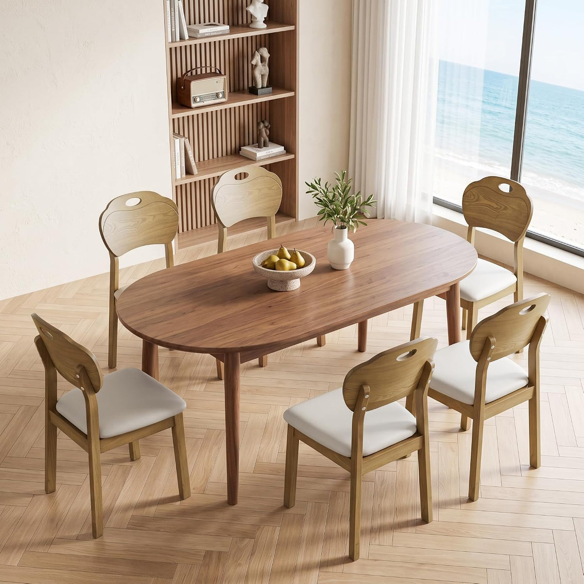 Dining Chairs Set of 6, Modern Upholstered Dining Room Chairs with Faux Leather Seat, Solid Rubber Wood Frame Kitchen Chairs with Ergonomic Curved Backrest