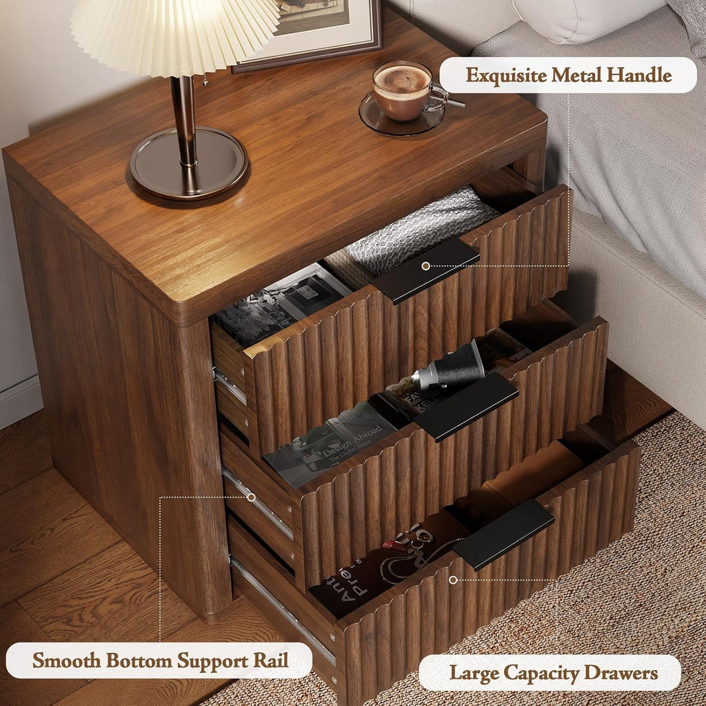 23" Wide Fluted Nightstands Set of 2, Bedroom End Table | Modern Nightstand, Metal Handle, Large Storage Bed Side Table for Bedroom, Living Room, Office, Walnut