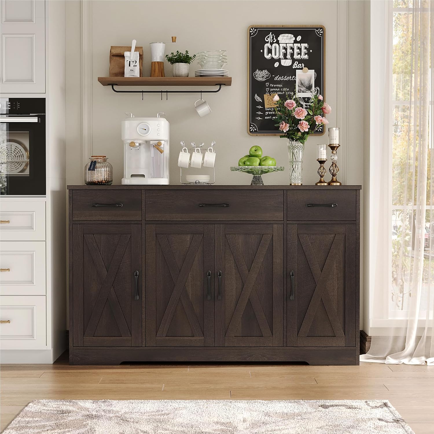 HOSTACK Kitchen Buffet Sideboard Storage Cabinet, Coffee Bar Cabinet, Brown