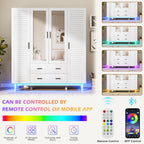 jiteentarou 4 Door Armoire Wardrobe Closet Cabinet with Drawers and LED Lights, Multi-Tier Shelves, Hanging Rod & 4 Louver Doors, Large Capacity Storage Wardrobe Armoire for Bedroom(4 Doors White)