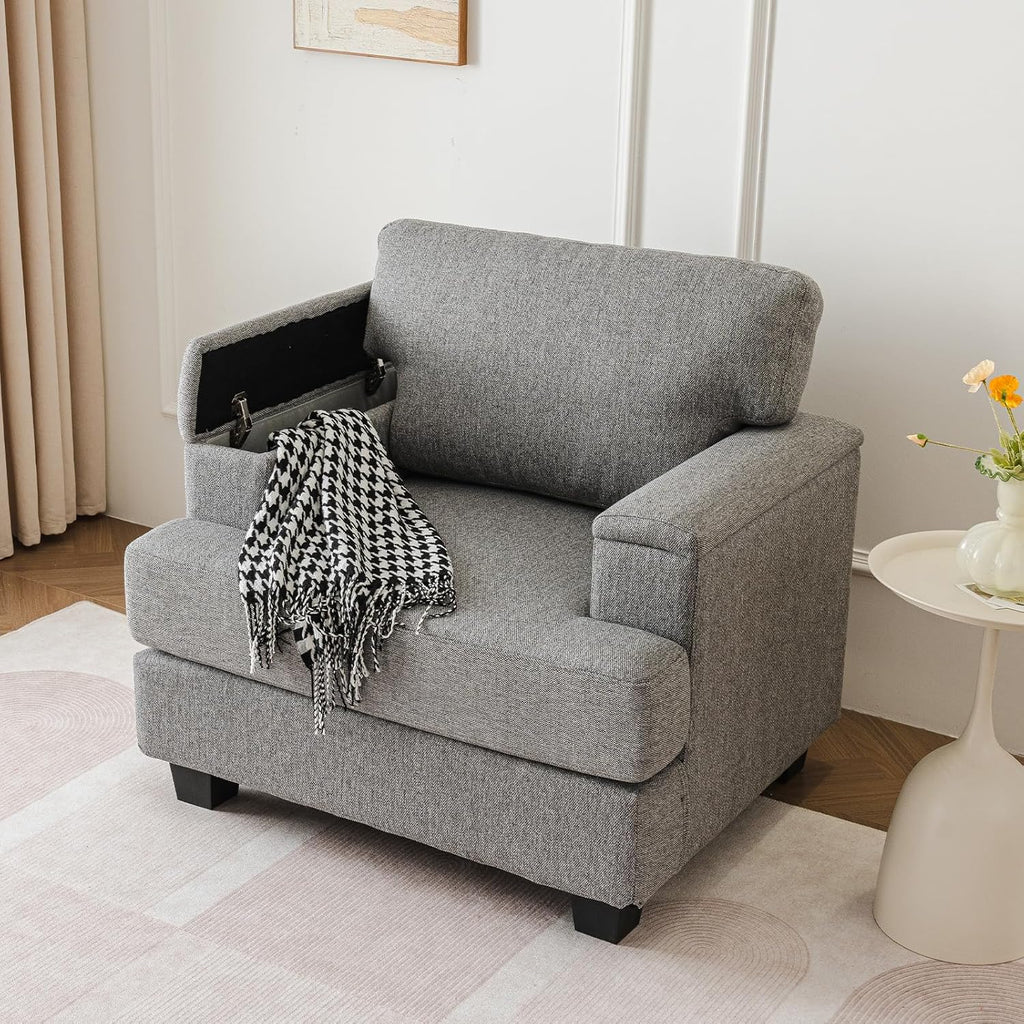 Oversized Accent Chair with Armrest Organizer,Comfy Living Room Chairs with Thick Cushion,Upholstered Armchair with Storage,Big Reading Chair,Sofa Chair for Bedroom,Linen,Dark Gray