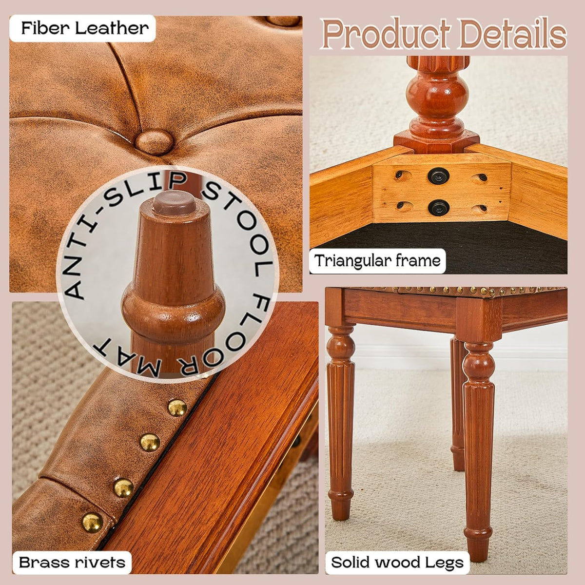 Microfiber Leather Vanity Stool for Makeup,Solid Wood Carvied Vanity Bench Seat,Convertible Piano Stool and Dining Table Chair with Padded Ottoman,Classic Dressing Table Chair for Bedroom