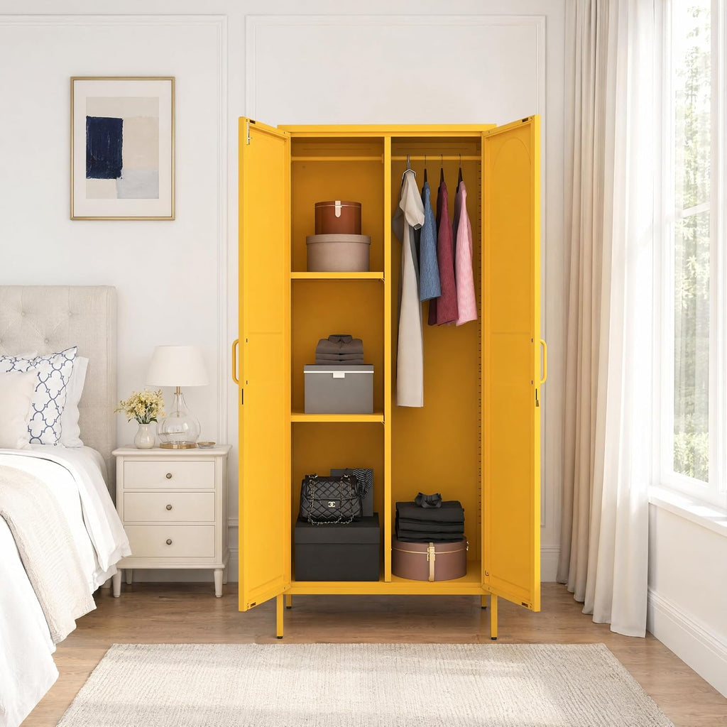 67 Inch Lockable Yellow Steel Wardrobe Storage Cabinet, Freestanding Metal Armoire Locker with Hanging Rod and Adjustable Shelves, Heavy Duty Clothing Storage Locker for Bedroom Apartment Home Use