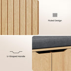 59" Storage Bench with Drawer, 2-Tier Shoe Bench with Doors, Long Entryway Bench, Thickened Cushion, Adjustable Shelf, Fluted Design for Entryway, Bedroom, Living Room, Natural