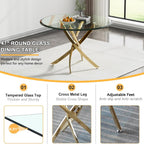 47" Round Glass Dining Table for 4-6, Circle Kitchen Table with Tempered Glass Top & Gold Metal Cross Legs, Modern Glass Dinner Table for Kitchen Dining Room Small Apartment