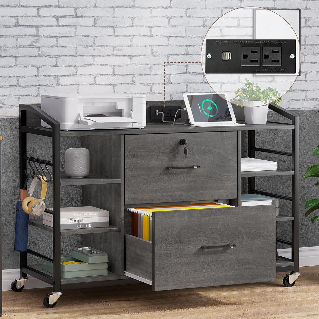 SEDETA 44" File Cabinet with Lock, Filing Cabinet fits Legal/Letter Size | Grey Lateral 2 Drawer Filing Cabinets for Home Office with Lock, Power Strip, 6 Storage Shelves, Wheels and 4 Hooks