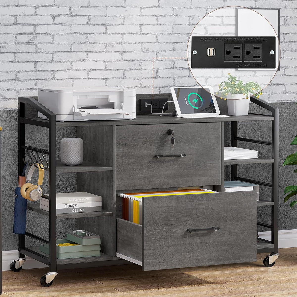 SEDETA 44" File Cabinet with Lock, Filing Cabinet fits Legal/Letter Size | Grey Lateral 2 Drawer Filing Cabinets for Home Office with Lock, Power Strip, 6 Storage Shelves, Wheels and 4 Hooks
