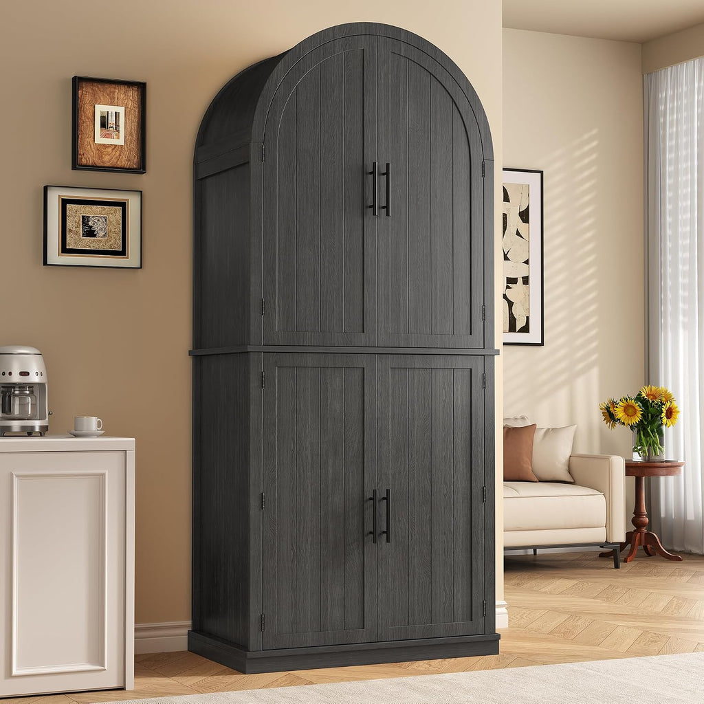 iPormis 71" Tall Arched Cabinet with Doors, Farmhouse Kitchen Pantry with 6-Tier Door Shelves & Drawer & Adjustable Shelves, Modern Wood Storage Cabinet for Dining, Living Room, Bathroom, Oak Grey