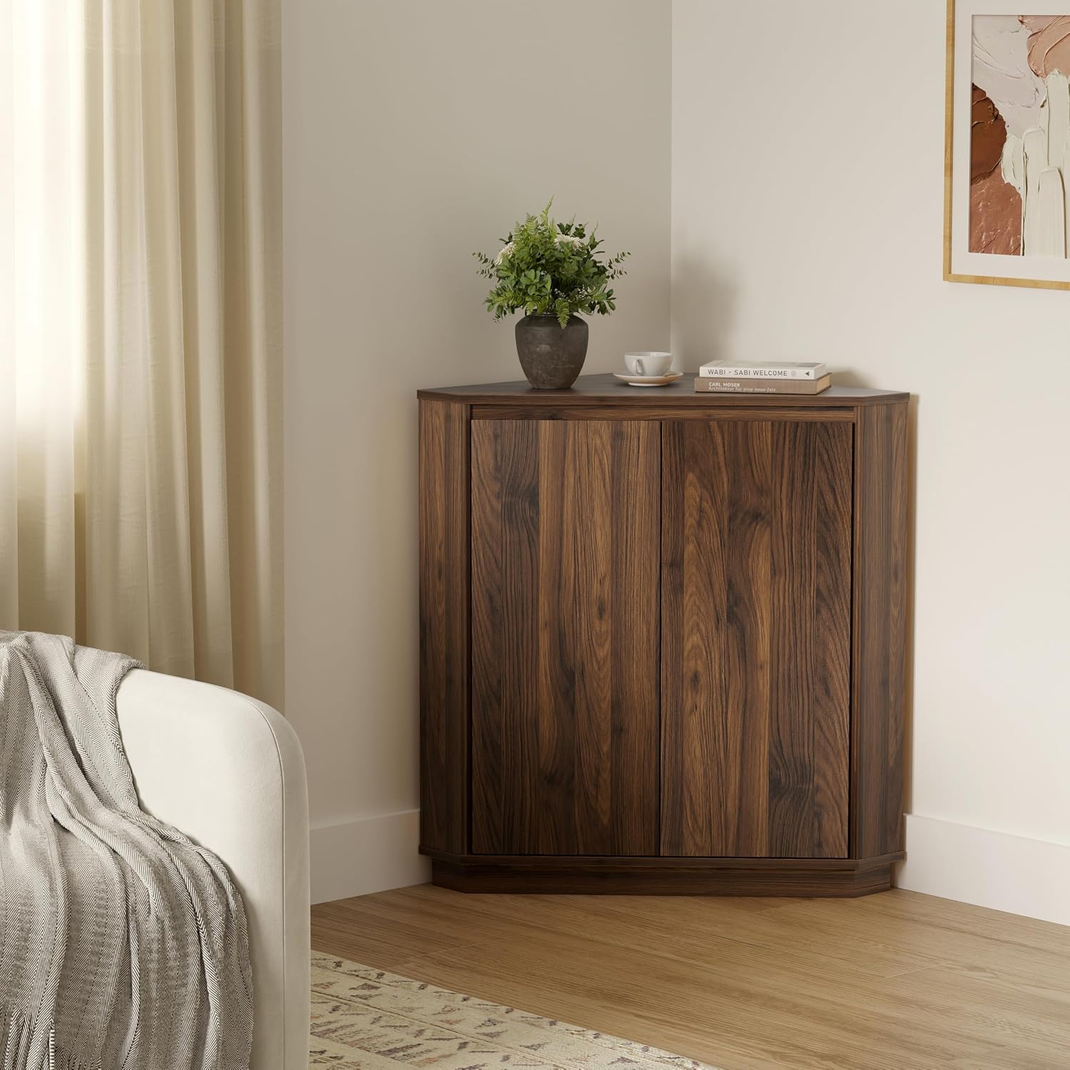 Corner Storage Cabinet, Small Corner Floor Cabinet with 2 Doors and 2-Tier Shelves, Modern Wooden Narrow Storage Organizer for Living Room, Kitchen, Pantry, Bathroom, Brown