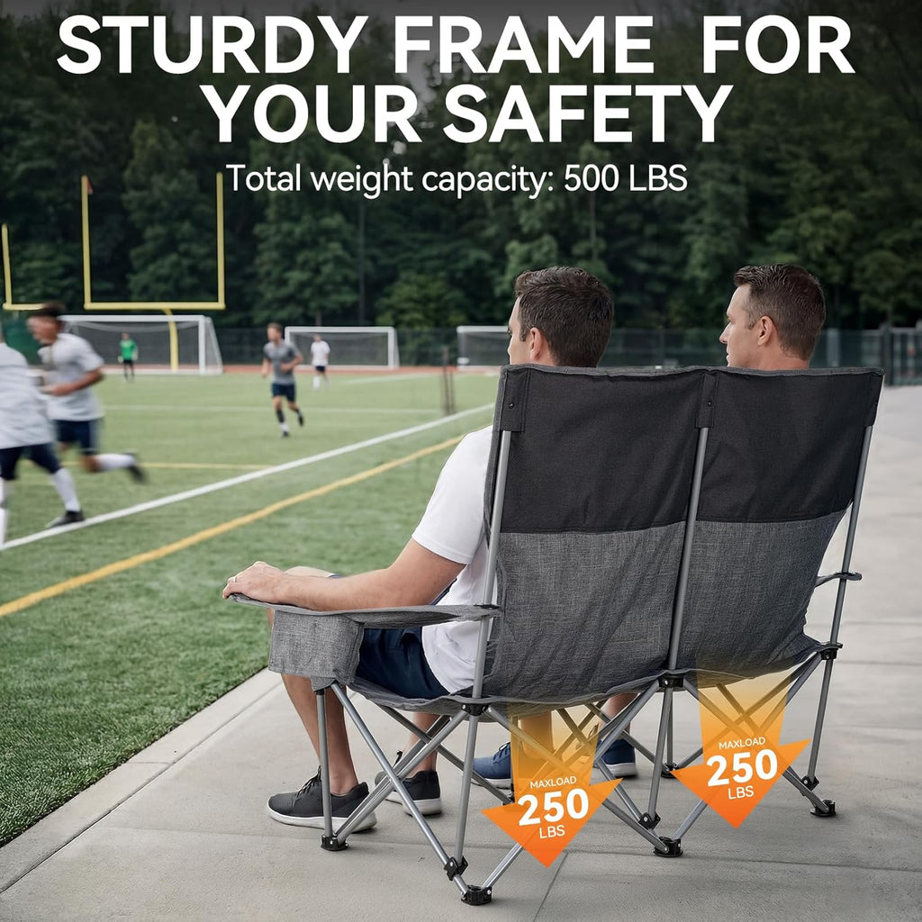 Huskfirm Low Camping Chair Lightweight Double Camping Chair Heavy Duty 2 Person Camping Chair with Cup Holders Padded High Back Camping Loveseat Supports 500 LBS-Grey