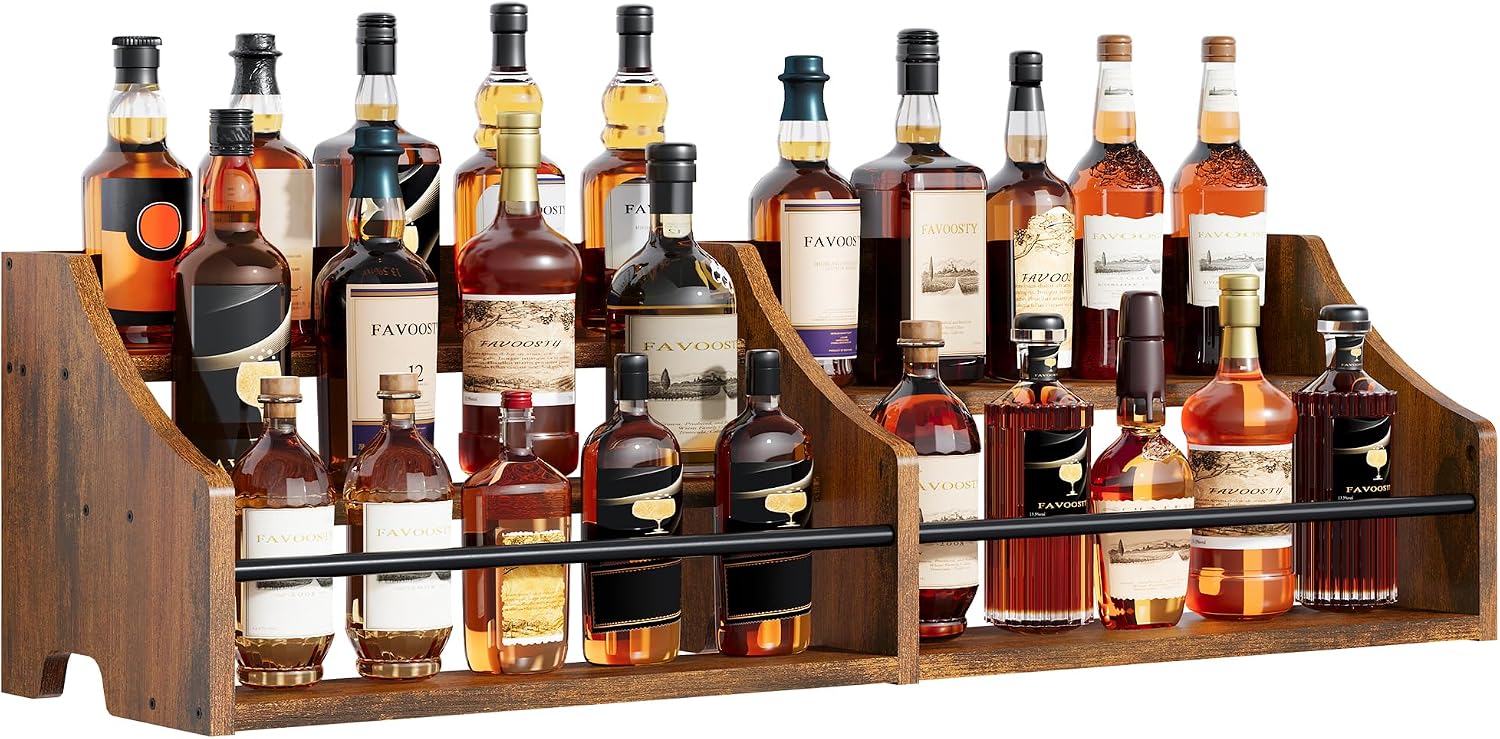 FAVOOSTY 5 Tier Countertop Liquor Bottle Display Shelf Organizer, Retro Tabletop Wine Rack Stand, Storage Holder for Whiskey, Spirits, Coffee Syrup, Mini Home Bar & Liquor Cabinet, Rustic Brown