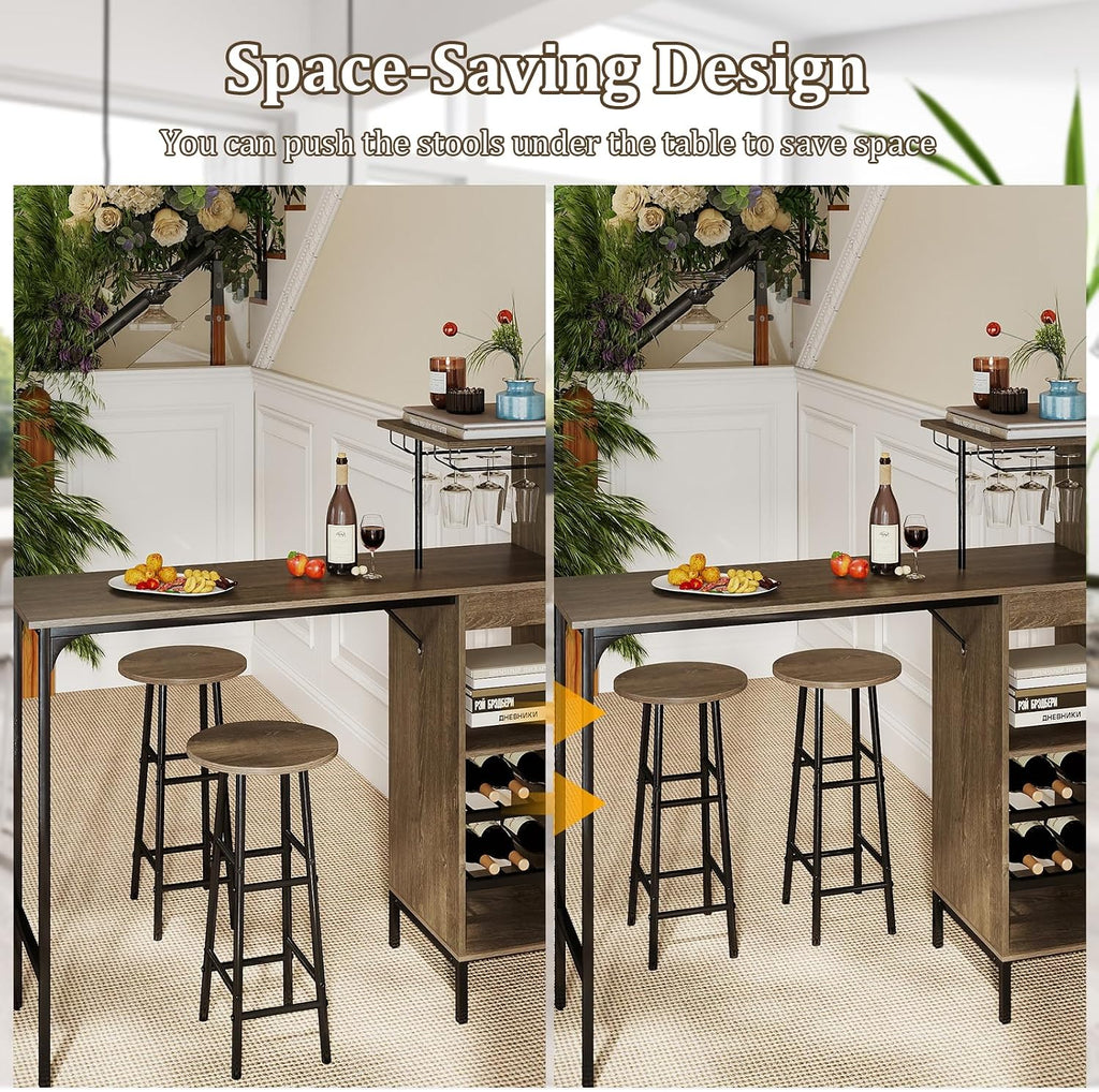 GOFLAME Bar Table Set for 2, Counter Height Dining Table Set with Shelves, Cup Holder & Wine Rack, Breakfast Table & Stools Set, 3-Piece Pub Table Set for Kitchen, Dining Room, Grey Oak