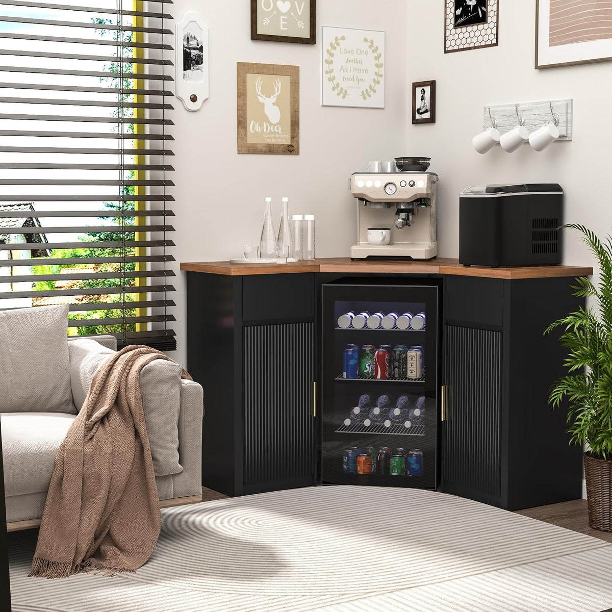 GDLF Corner Coffee Bar with Fridge Space, L Shaped Liquor Cabinet,Black | L-Shaped Countertop, Wine Glass Rack, Adjustable Shelves, Drawer Storage, Power Outlet, Coffee Station for Home & Kitchen