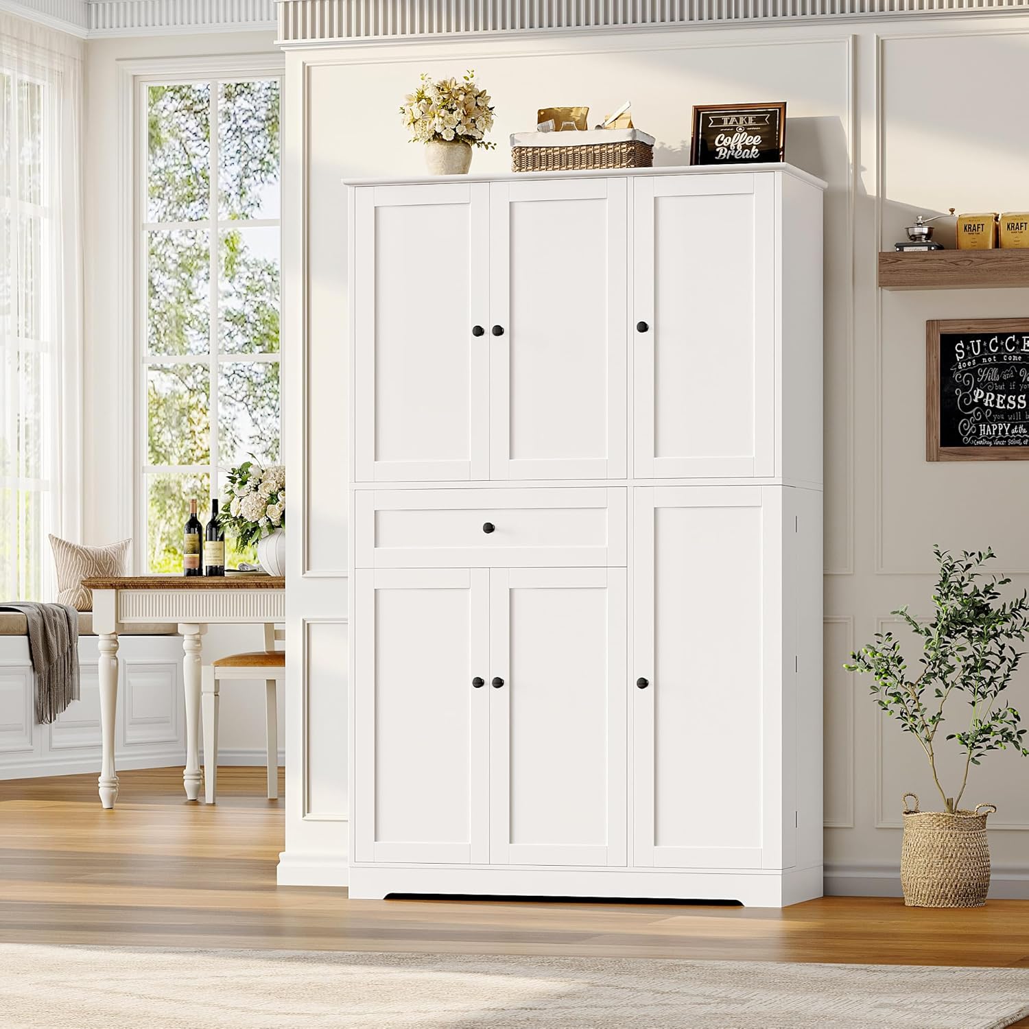 HOSTACK 68" Tall Kitchen Pantry Storage Cabinet with Doors & Shelves, White | Large Pantry Cabinet with Door Rack, Freestanding Kitchen Storage Cabinet with Drawer, Food Pantry for Dining Living room