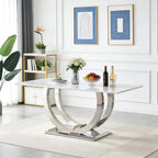 69.3" White Marble Dining Table for 6-8, Luxury Rectangular Kitchen Table with Silver Double U-Shape Stainless Steel Base, Modern Large Faux Marble Dining Room Table for Kitchen Living Room