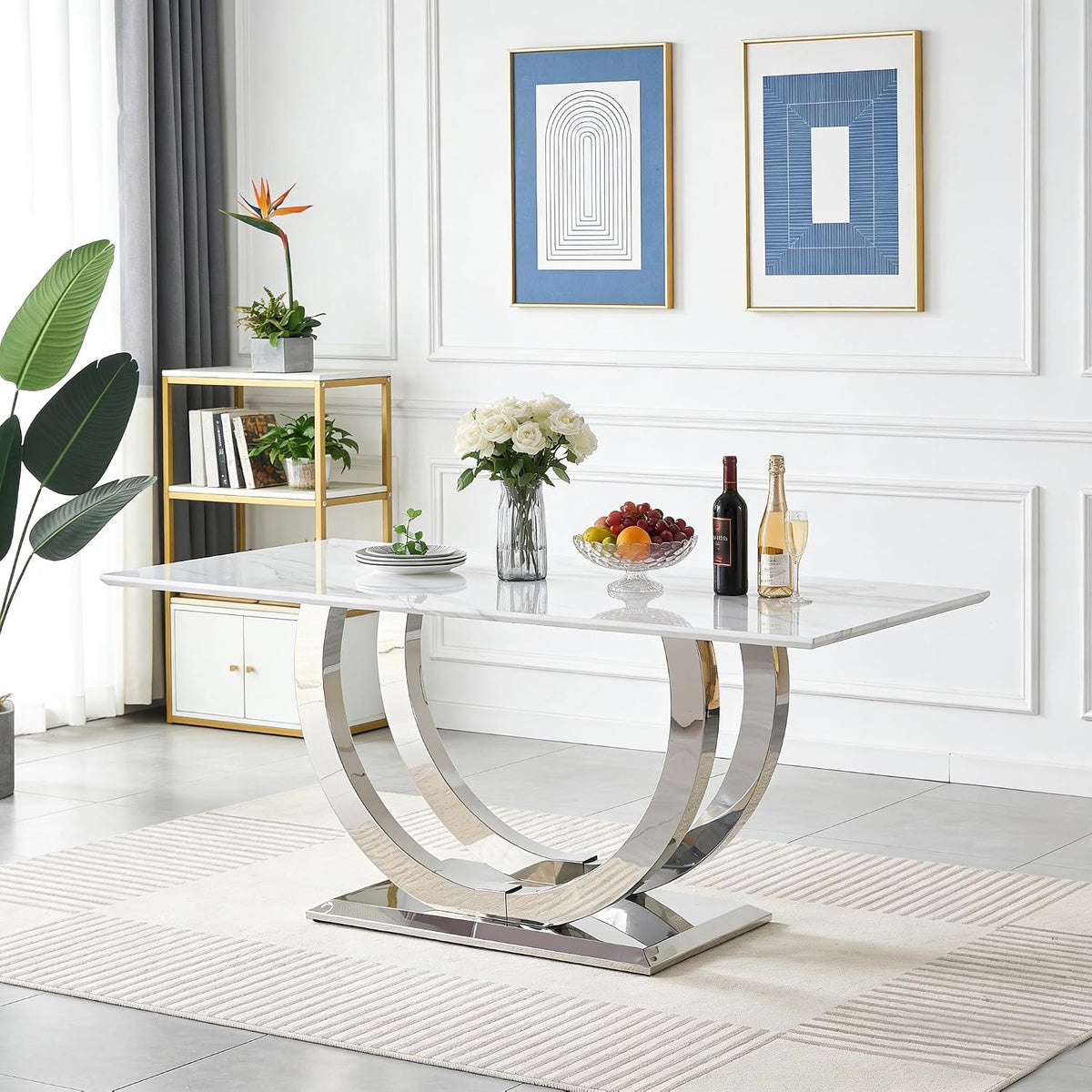 69.3" White Marble Dining Table for 6-8, Luxury Rectangular Kitchen Table with Silver Double U-Shape Stainless Steel Base, Modern Large Faux Marble Dining Room Table for Kitchen Living Room