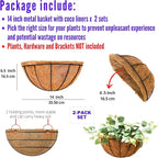 LaLaGreen Wall Planters for Outdoor Plants (2 Pack, 14 Inch) Large Hanging Planter with Coco Liner, Metal Round Wire Flower Basket Outside Fence Railing Plant Pots Holder Deck Porch Balcony Decor