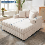 GarveeHome 60-inchOversized Chaise Lounge Chair Indoor, Comfy Corduroy Lounge Sofa with Charging Station, Cup Holders & Throw Pillows, Cozy Sleeper Couch for Living Room Apartments, Beige