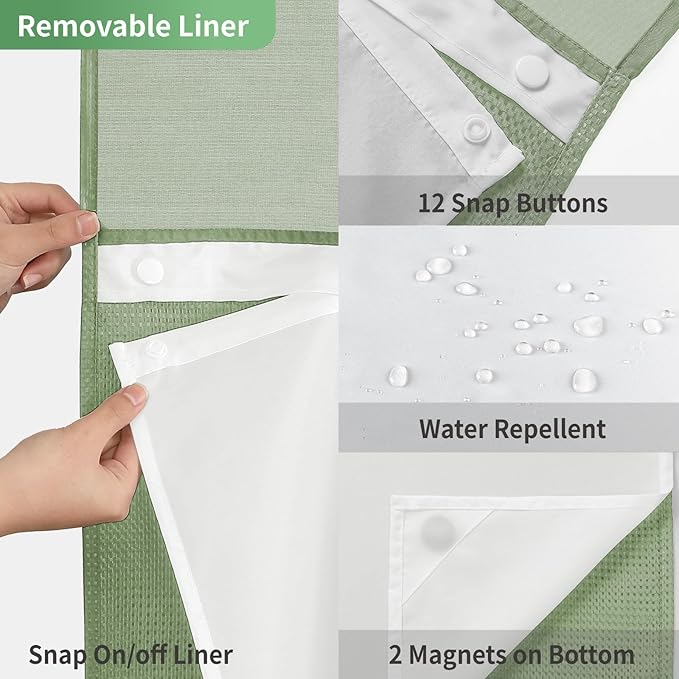 No Hook Waffle Weave Shower Curtain with Snap-in Fabric Liner Set,Sage Green Shower Curtains for Bathroom with See Through Top Window,Water Repellent & Washable,71Wx74H