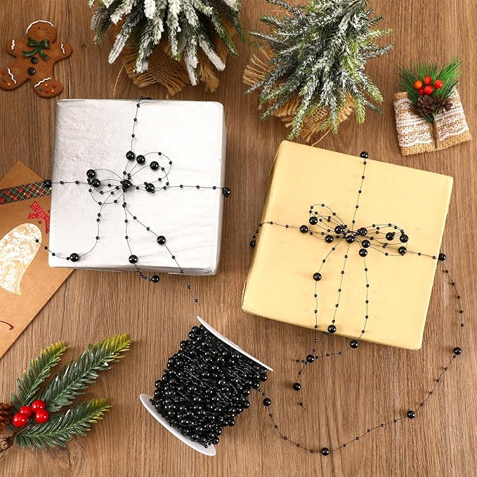 JULBEAR 131Ft Artificial Pearl Beads Garland Decoration, 1Rolls Black Pearl Strands Chain Bead Garland for Gothic Wedding Decor Bouquet Crafts Flower DIY Supplies Christmas Tree Ornaments