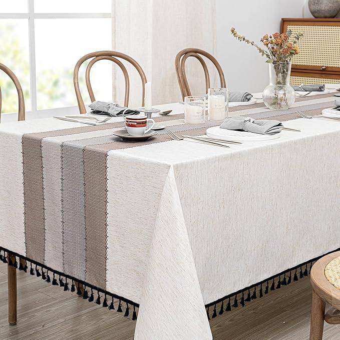 MYSKY HOME Table Cloth 60x102 in Rectangle, Heavy Duty Lines Linen Look Waterproof Tablecloths Farmhouse Tablecloth, Wrinkle Free Table Cover with Coffee Lines for Kitchen Dining, Party