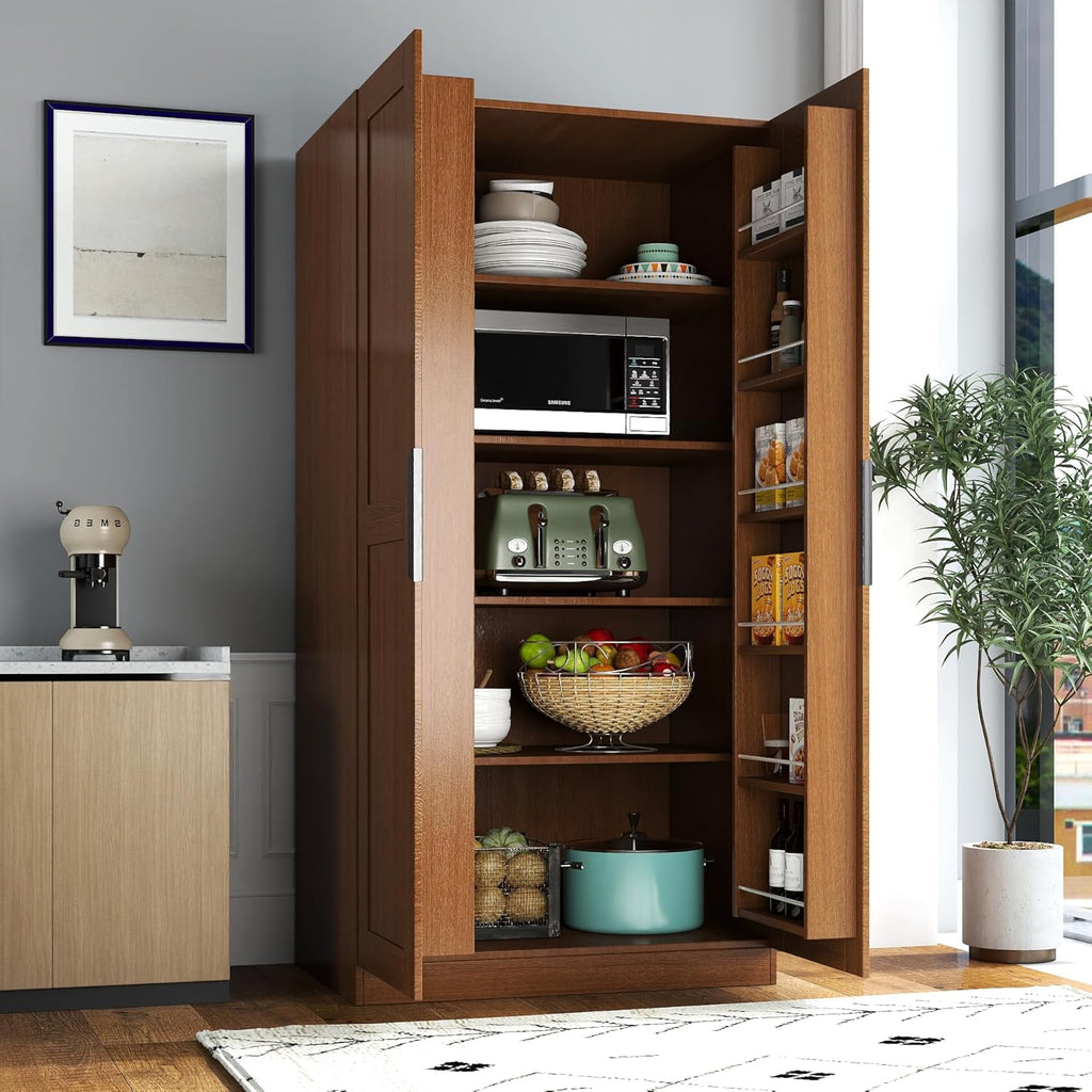 62.99" Kitchen Pantry Cabinet, Walnut Freestanding Buffet Cupboard with Doors & Adjustable Shelves, Tall Storage Cabinet for Kitchen, Dining Room & Living Room