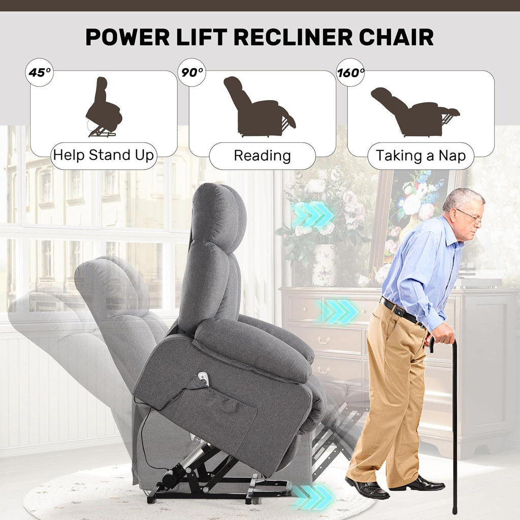 jonpony Power Lift Recliner Chair for Elderly, Big and Tall Lift Chair with Massage and Heat for Living Room, Fabric Electric Recliner Chairs with 4 Side Pockets, USB Charge Port, Grey