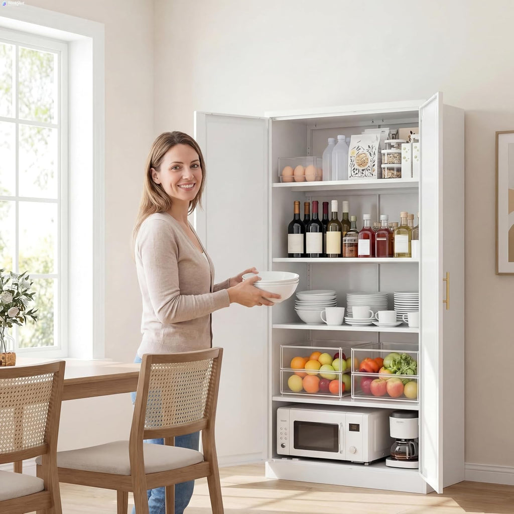 CJF White Kitchen Pantry Cabinet,71 Inch Tall Metal Storage Cabinet with 4 Adjustable Shelves and Doors, Freestanding Pantry Cabinet for Kitchen, Living Room, Dining Room, Bathroom, Easy to Assemble