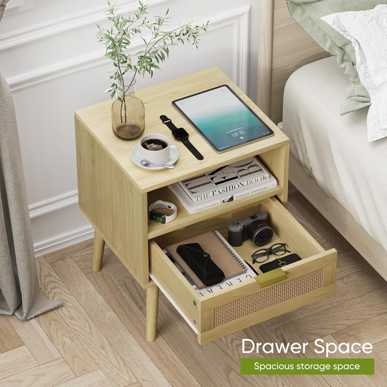 Smart Rattan Nightstand, Boho Side Table with Drawer Open Shelf, Wood Accent Bedside End Table for Small Places, Bedroom, Natural Oak