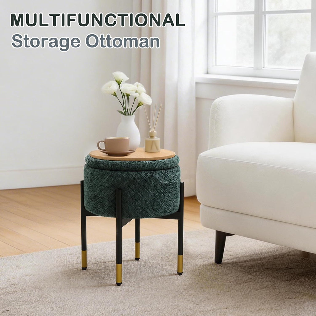 CAROLMADE Round Ottoman with Storage, Velvet Makeup Vanity Stool, Small Ottoman Foot Stool with Coffee Table and Metal Legs for Living Room, Bedroom and Dorm, Green
