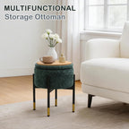 CAROLMADE Round Ottoman with Storage, Velvet Makeup Vanity Stool, Small Ottoman Foot Stool with Coffee Table and Metal Legs for Living Room, Bedroom and Dorm, Green