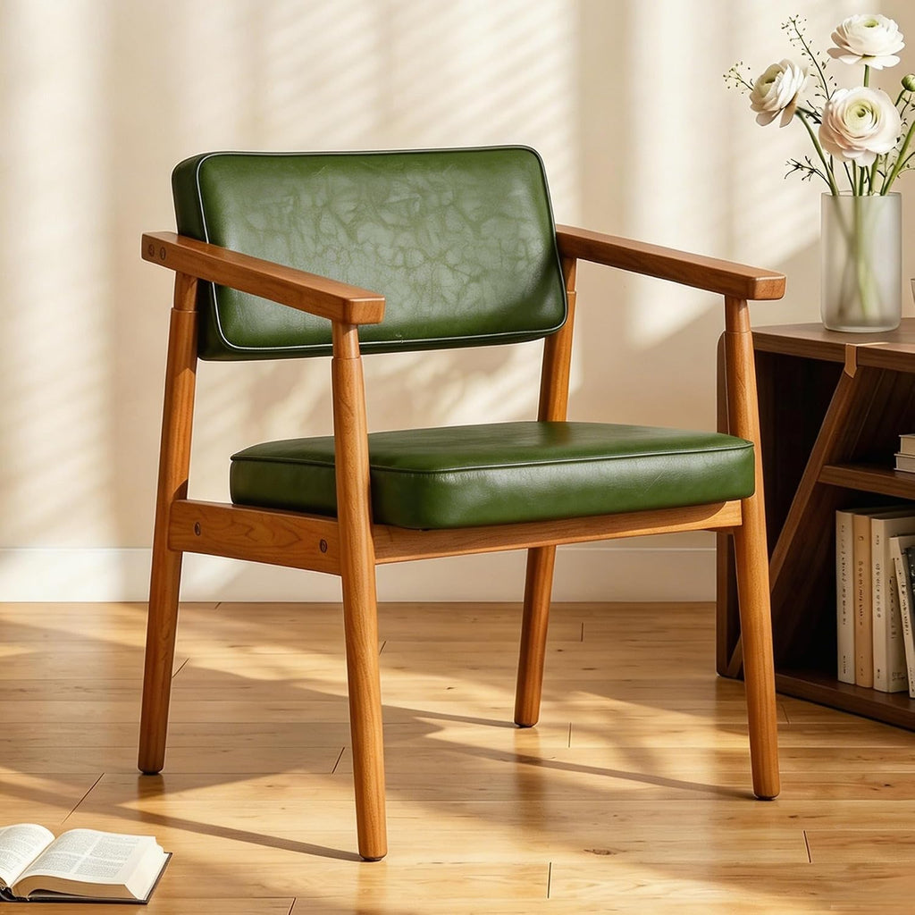 LSSPAID Mid Century Dining Chairs with Wooden Handrail, Pu Upholstered Armchair Comfy Backrest Modern Kitchen Chairs for Bedroom Living Room Dining Room, Green, Set of 1