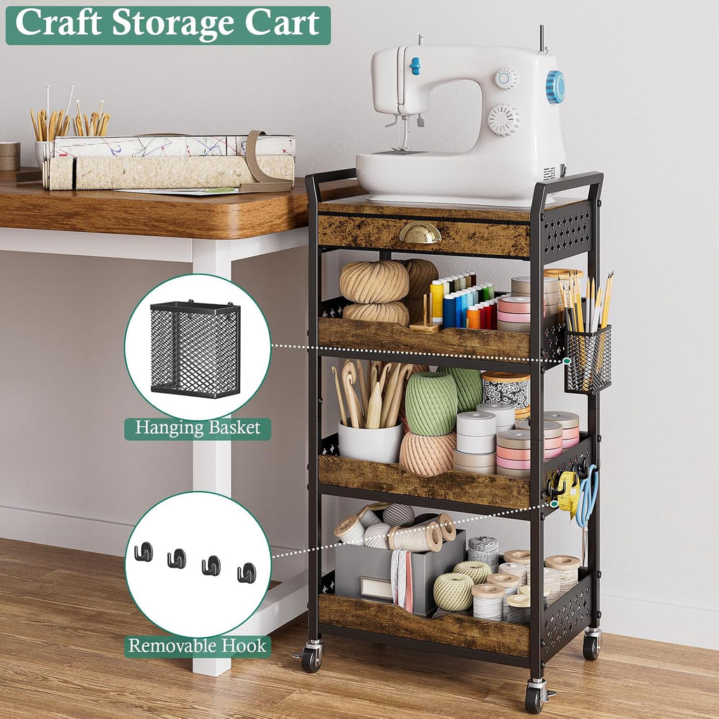 XYZLVSI Rolling Utility Cart, 4 Tier Coffee Cart Station with Drawer | Metal craft storage cart, nail cart with wheels, ideal for living room/entryway/bathroom/office/makeup, wire basket, hooks