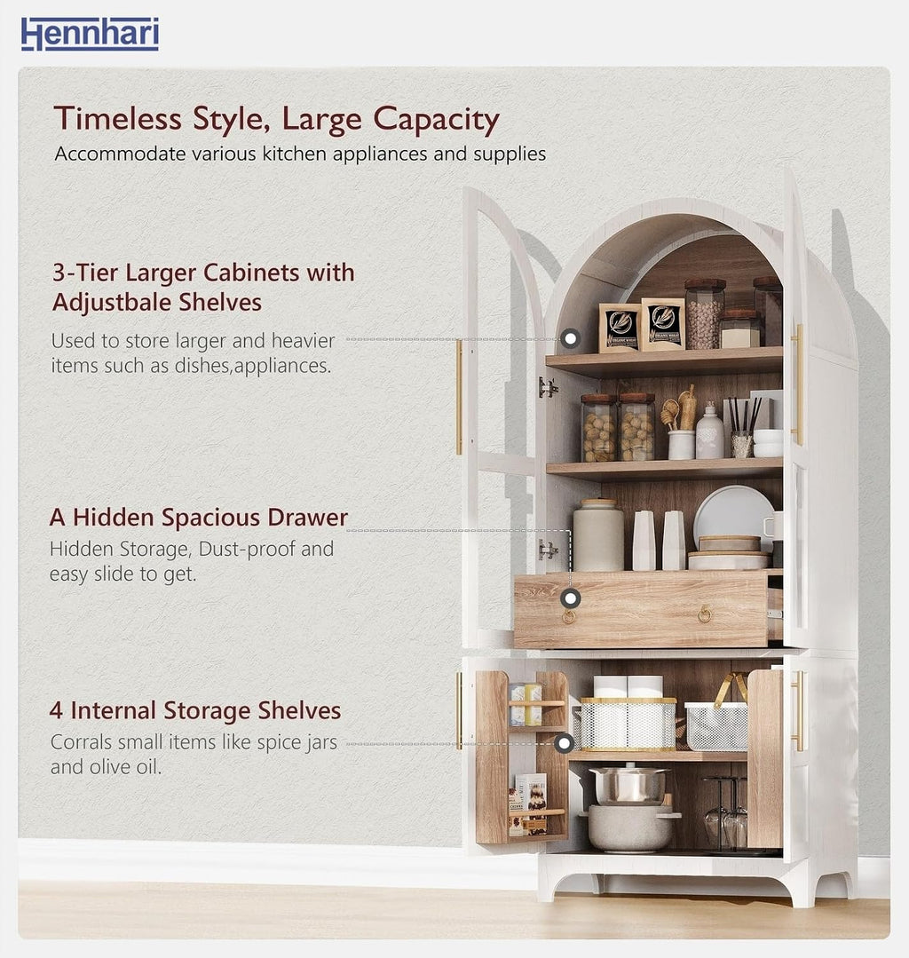 71" Tall Storage Cabinet with Arched Glass Doors, Pantry Cabinet with Solid Doors & Adjustable Shelves, Freestanding Kitchen Display Cabinet for Dining Room, Living Room (White)