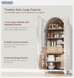 71" Tall Storage Cabinet with Arched Glass Doors, Pantry Cabinet with Solid Doors & Adjustable Shelves, Freestanding Kitchen Display Cabinet for Dining Room, Living Room (White)