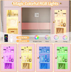 HUANLEGO Large Makeup Vanity Desk with Mirror and Lights, Pink