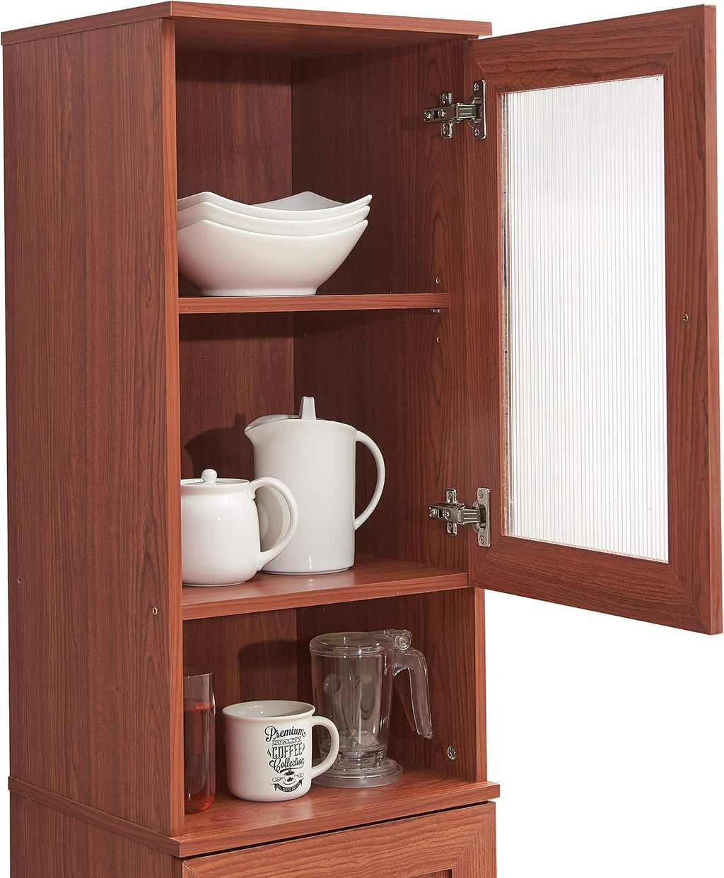 Hodedah 63"" Tall Slim Open Shelf Plus Top and Bottom Enclosed Storage Kitchen Pantry, Cherry (HIK93 Cherry)