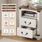 Maupvit Farmhouse Night Stand with Charger Station & Ceramic Handle, Wood Nightstand with 2 Storage Drawers, LED Bedroom Nightstand, Bedside Tables, Antique White