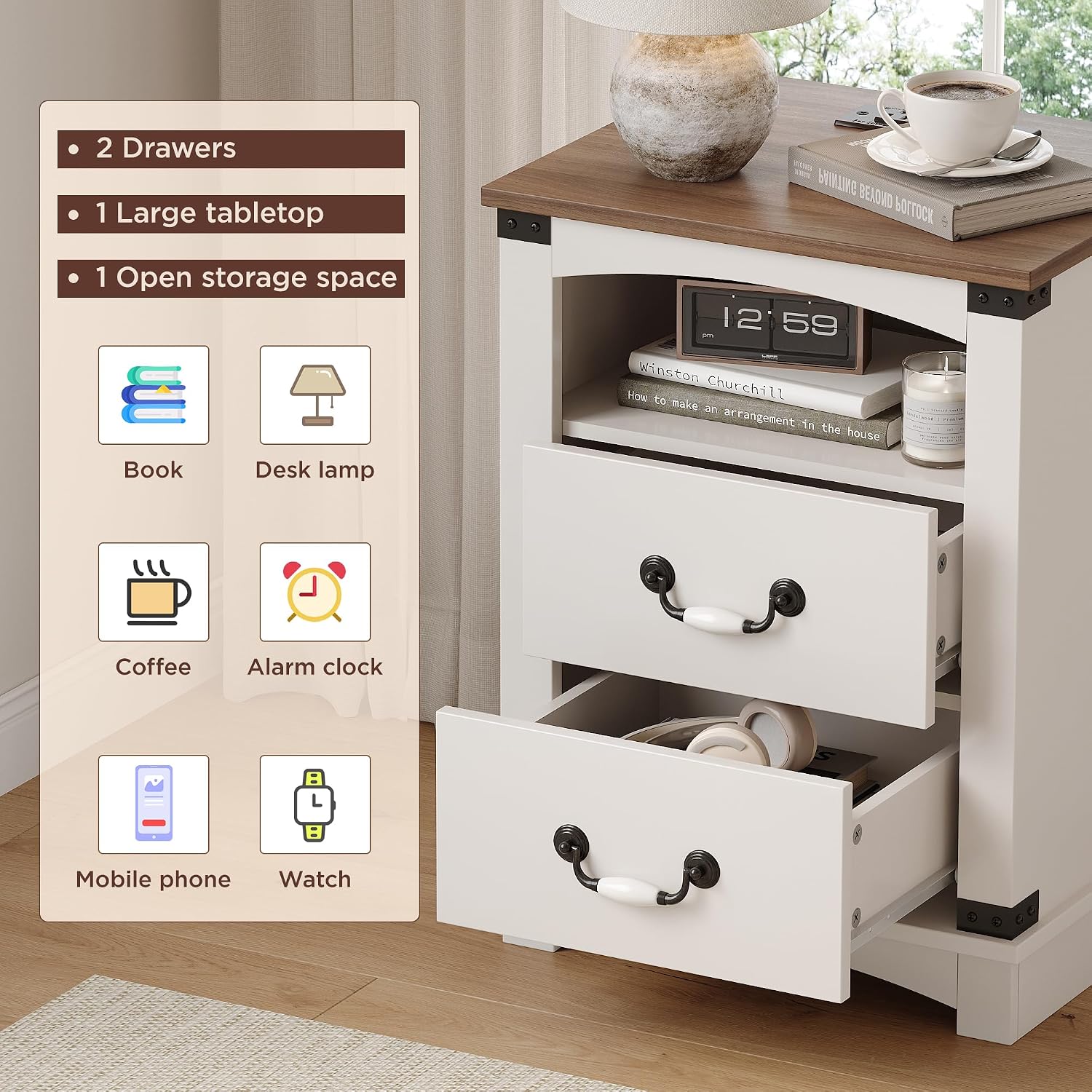 Maupvit Farmhouse Night Stand with Charger Station & Ceramic Handle, Wood Nightstand with 2 Storage Drawers, LED Bedroom Nightstand, Bedside Tables, Antique White