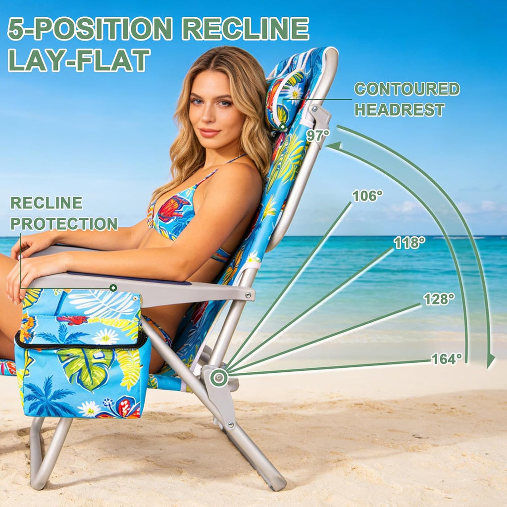 2Pk Aluminum Extra Wide 5-Position Lay Flat Folding Backpack Beach Chairs for Adults, with Cooler Bag, Cup&Phone Holder, Towel Bar for Outdoor Lawn Picnic Sport, Portable Camping Chairs,Tropical Print