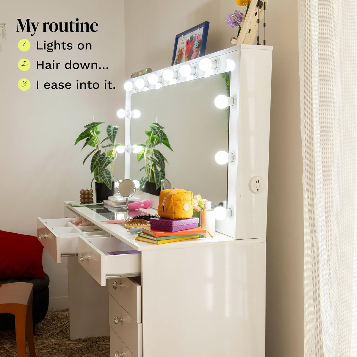 Boahaus Verona Large Vanity Desk with Framed Bulb Mirror – 8 Drawer Makeup Station with Integrated Power