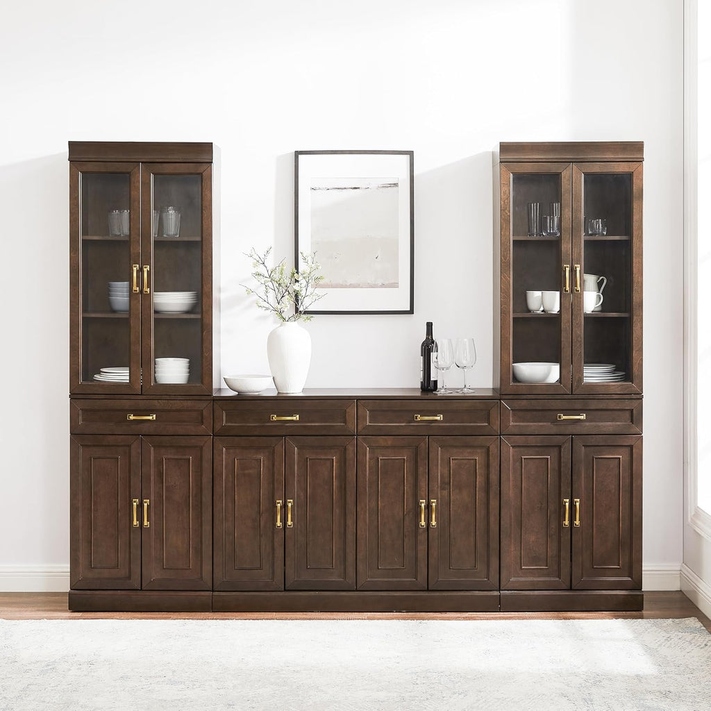 Crosley Furniture Stanton 3-Piece Sideboard Buffet Cabinet and Glass Door Kitchen Storage Pantry Set, Coffee