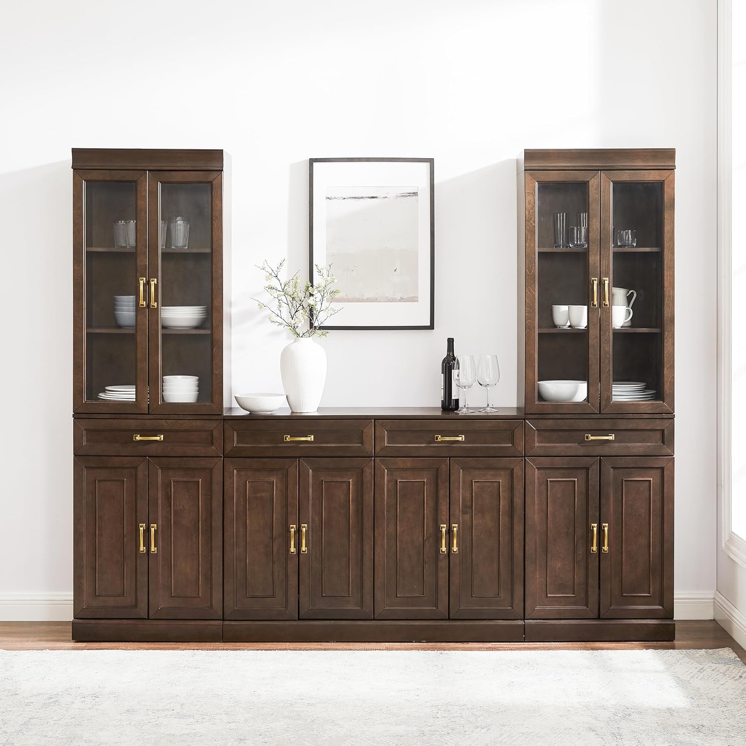 Crosley Furniture Stanton 3-Piece Sideboard Buffet Cabinet and Glass Door Kitchen Storage Pantry Set, Coffee