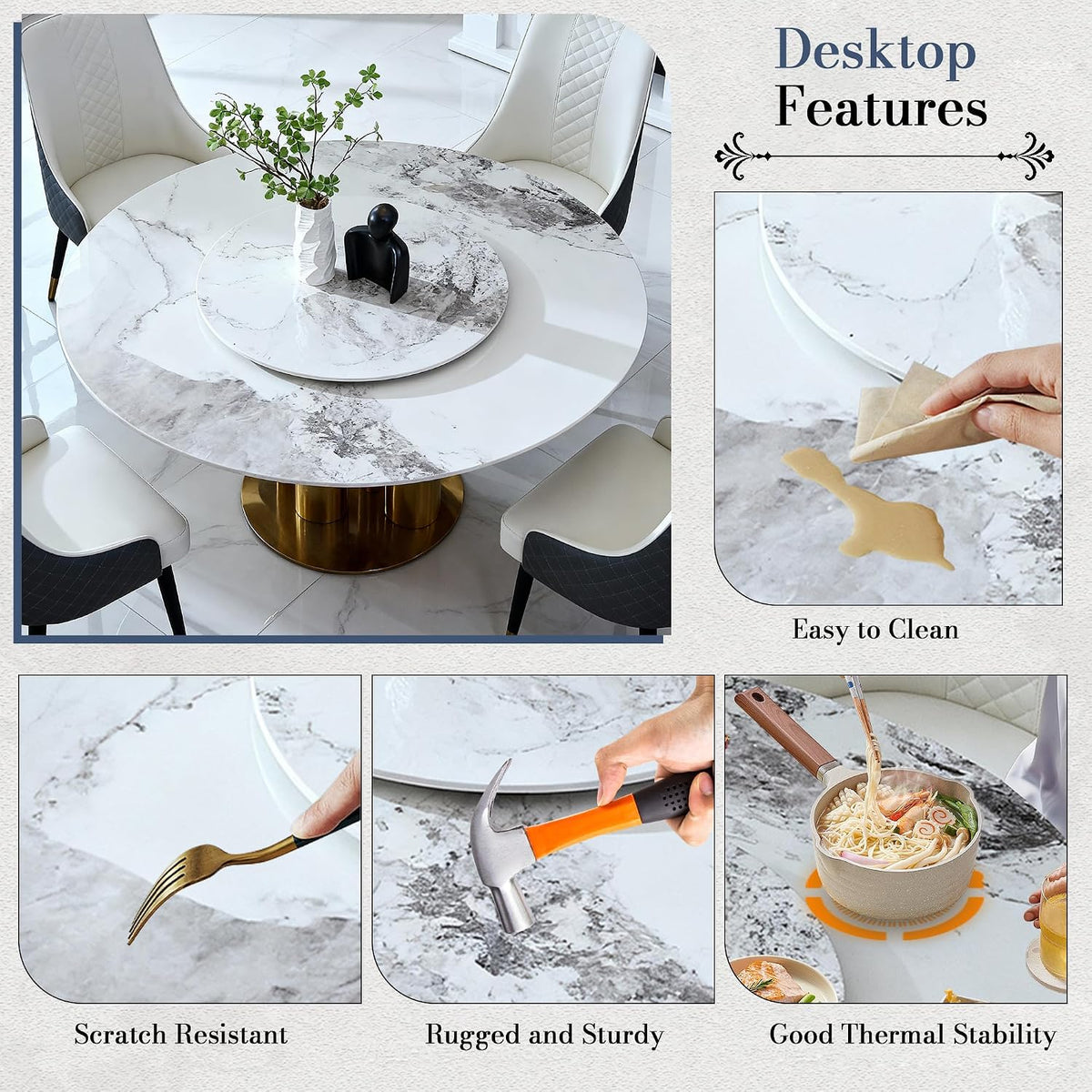 59" D Round Dining Table with 31.5" Detachable Lazy Susan, Modern Sintered Stone Dining Table for 8 Seat, Artificial Marble Dining Room Table Kitchen Table with Stainless Steel Base for Home