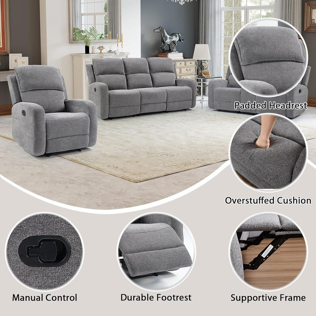 EBELLO Manual Living Room Furniture Reclining Couch Set, Fabric Recliner Chair, Loveseat and 3 Seat Sofa Couch for Meeting Room(Recliner+Loveseat+3 Seat Sofa)