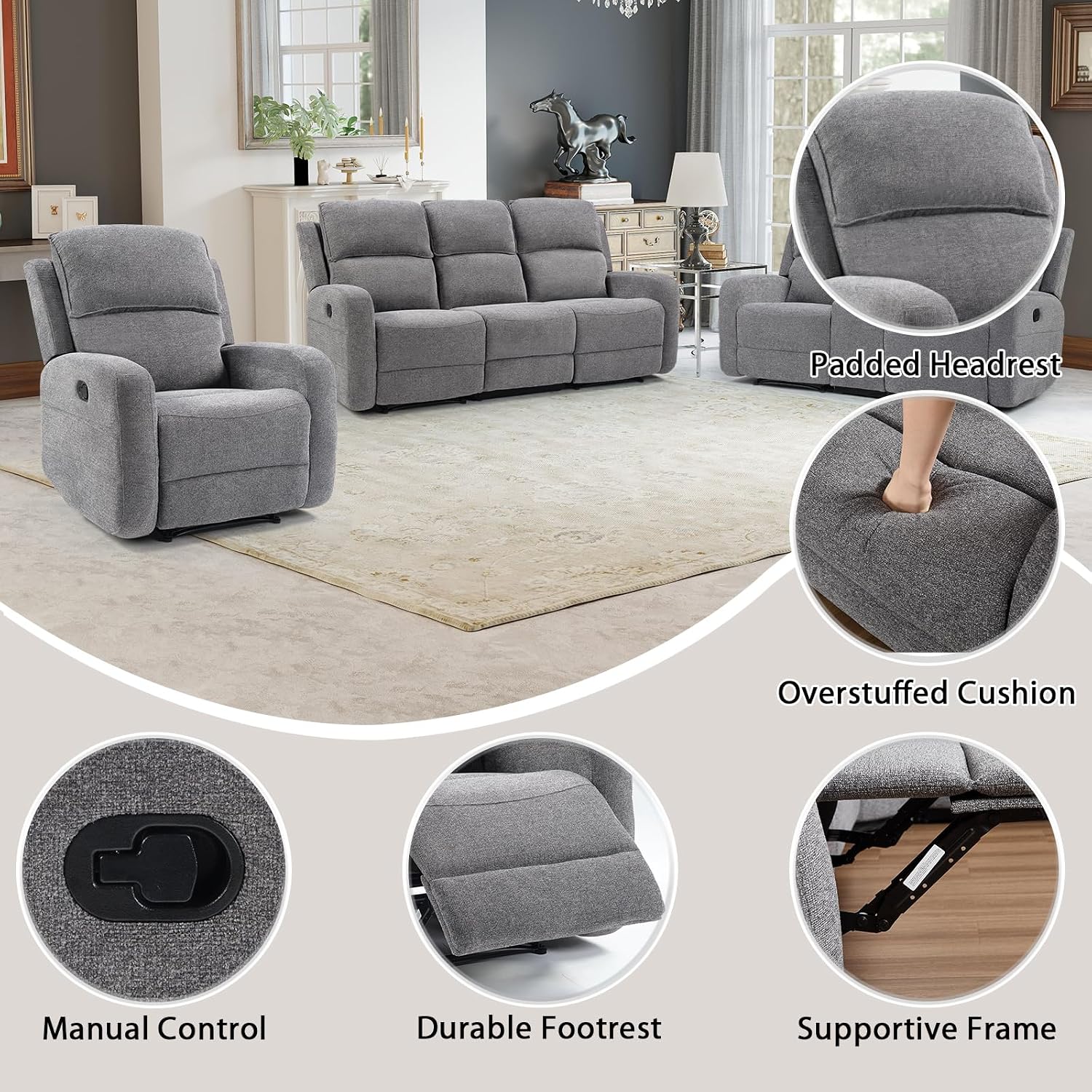EBELLO Manual Living Room Furniture Reclining Couch Set, Fabric Recliner Chair, Loveseat and 3 Seat Sofa Couch for Meeting Room(Recliner+Loveseat+3 Seat Sofa)