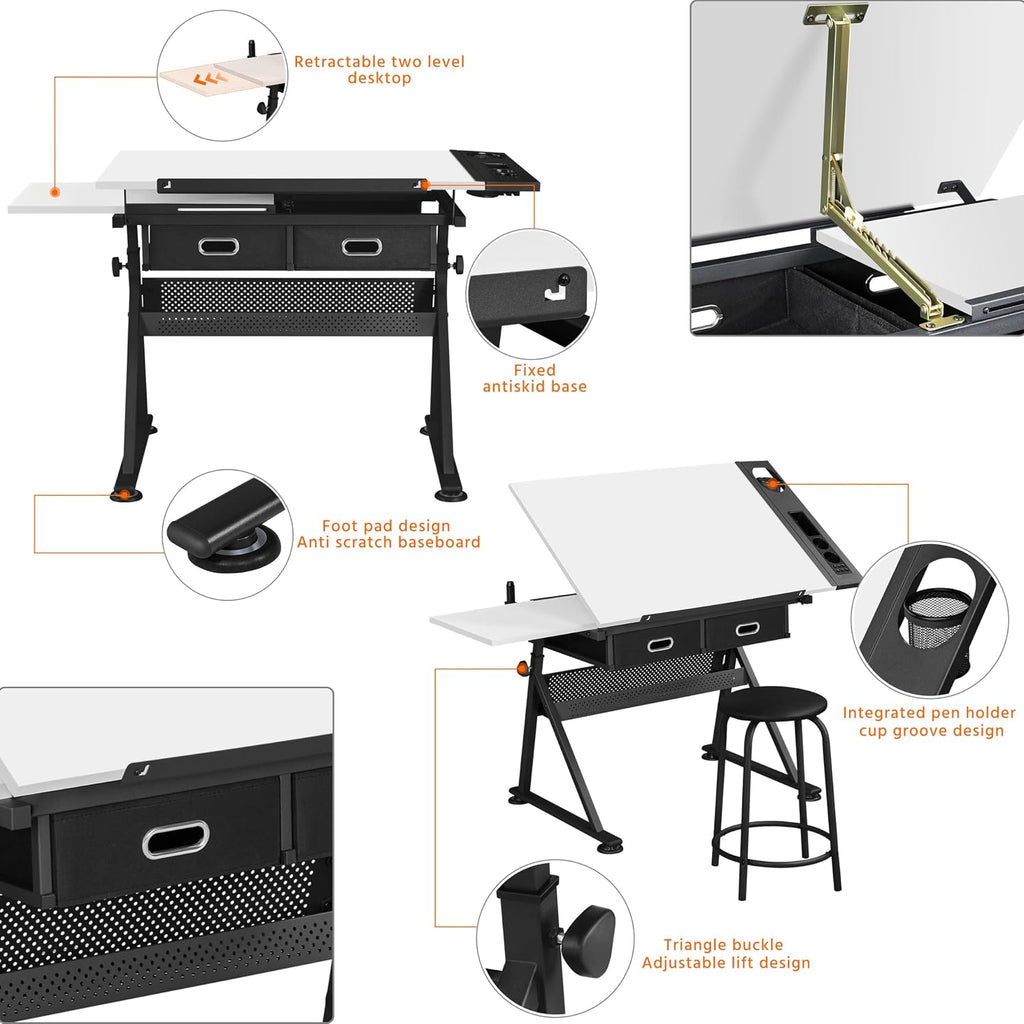 Yaheetech Adjustable Drafting Table Art Desk,Storage Drawers & Stool,White | MDF tabletop tilts 0-60° on a metal frame for drawing, crafts, and homework, with two supply drawers and a matching stool.
