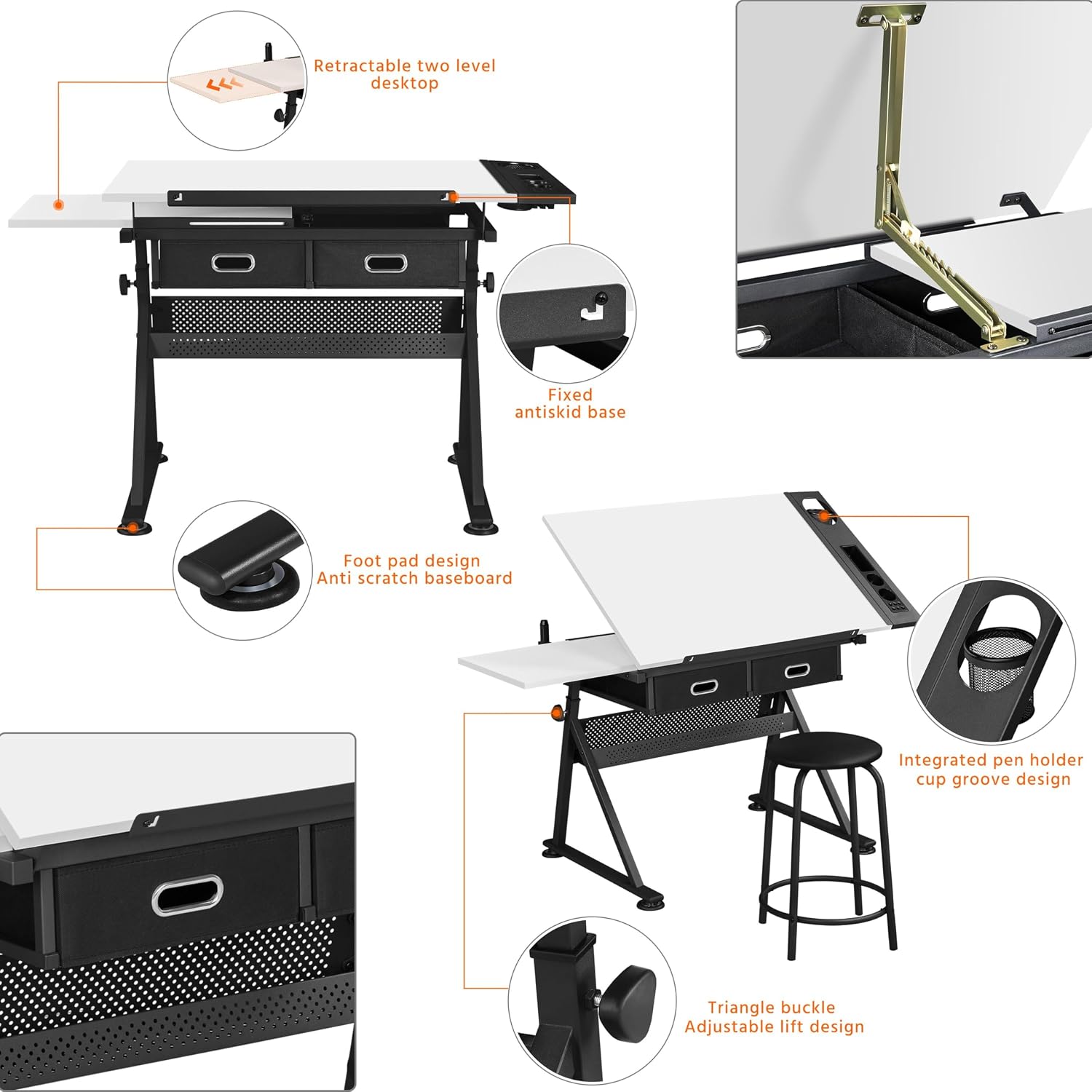 Yaheetech Adjustable Drafting Table Art Desk,Storage Drawers & Stool,White | MDF tabletop tilts 0-60° on a metal frame for drawing, crafts, and homework, with two supply drawers and a matching stool.