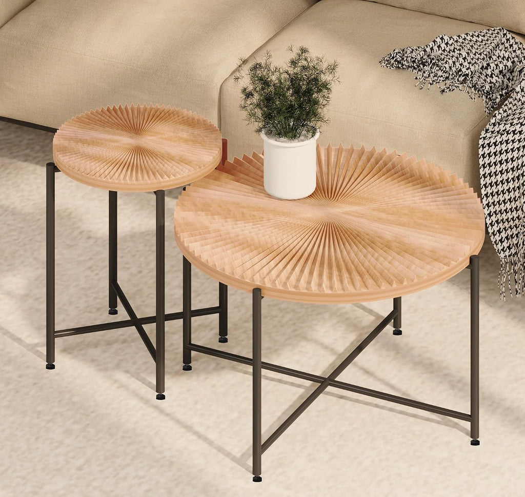 2-Piece Rustic Coffee Table and End Side Table Set, Radial Pattern Waterproof MDF Tabletop with PVC Cover, Distressed Cylindrical Shape, Black Metal Legs, Living Room Accent Furniture,Red Cedar-Brown